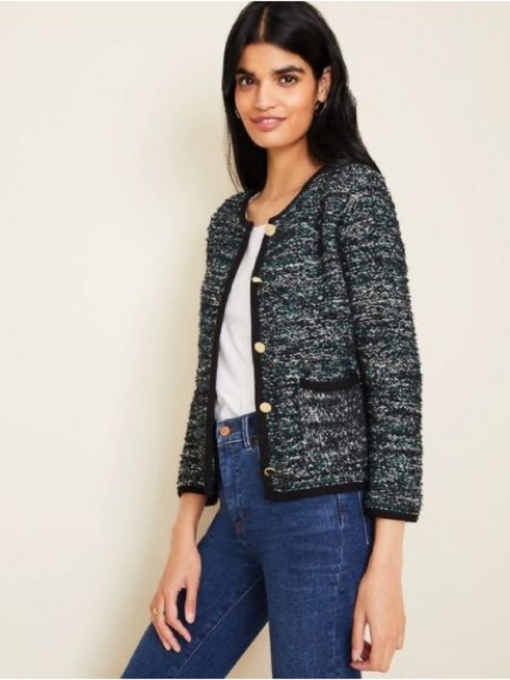 Ann Taylor Women’s Black & Green Tweed professional sweater Blazer Size Small